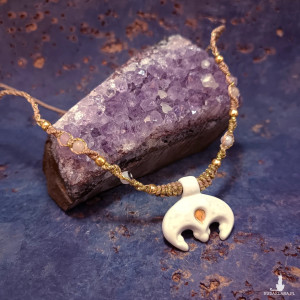 Choker Lunula Słowiańska księżyc porcelanowy bały złocony ~ Slavic Porcelain ~ mikro makrama