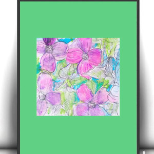 kwiaty rysunek A4, kolorowy obrazek z kwiatami, kwiatki obrazek 21x30, ogród rysunek A4, łąka obrazek do sypialni, różowo zielony plakat A4, botaniczny obrazek do domu