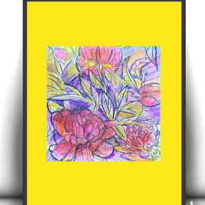 kwiatki obrazek A4, mały obrazek z kwiatami, łąka rysunek 21x30, ogród obrazek na ścianę, rmały rysunek do sypialni, plakat do przedpokoju,