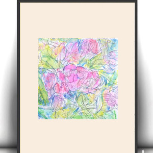 kwiaty rysunek A4, pastelowy obrazek z kwiatkami, boho dekoracja do domu, mały rysunek z kwiatami, łąka obrazek A4, ogród obrazek