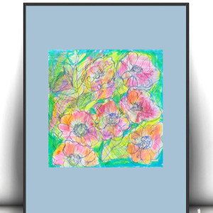 kolorowy rysunek A4, mały obrazek na ścianę, boho dekoracja, kwiaty grafika, łąka rysunek 21x30, ogród obrazek do domu, maki plakat, maki obrazek a4, boho posters a4