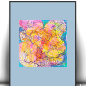 łąka obrazek A4, mały rysunek z kwiatami, kwiatki obrazek, łąka rysunek, boho dekoracja do domu, kolorowy obrazek do przedpokoju, mala grafika na ścianę, ogród obrazek