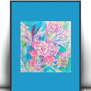 kwiaty rysunek A4, boho dekoracja do domu, łąka obrazek A4, ogród  rysunek 21x30, mały rysunek do przedpokoju, kwiatki obrazek 21x30, obrazek z kwiatkami