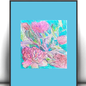 ogród rysunek A4, boho dekoracja do domu, przyroda obrazek A4, kwiatki  obrazek 21x30, mały rysunek do przedpokoju, łąka obrazek A4,  mały obrazek z kwiatkami