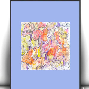 ogród obrazek do domu, łąka obrazek A4, kolorowa dekoracja na na ścianę, mały rysunek z kwiatkami, kwiaty grafika 21x30, kwiatki obrazek do sypialni