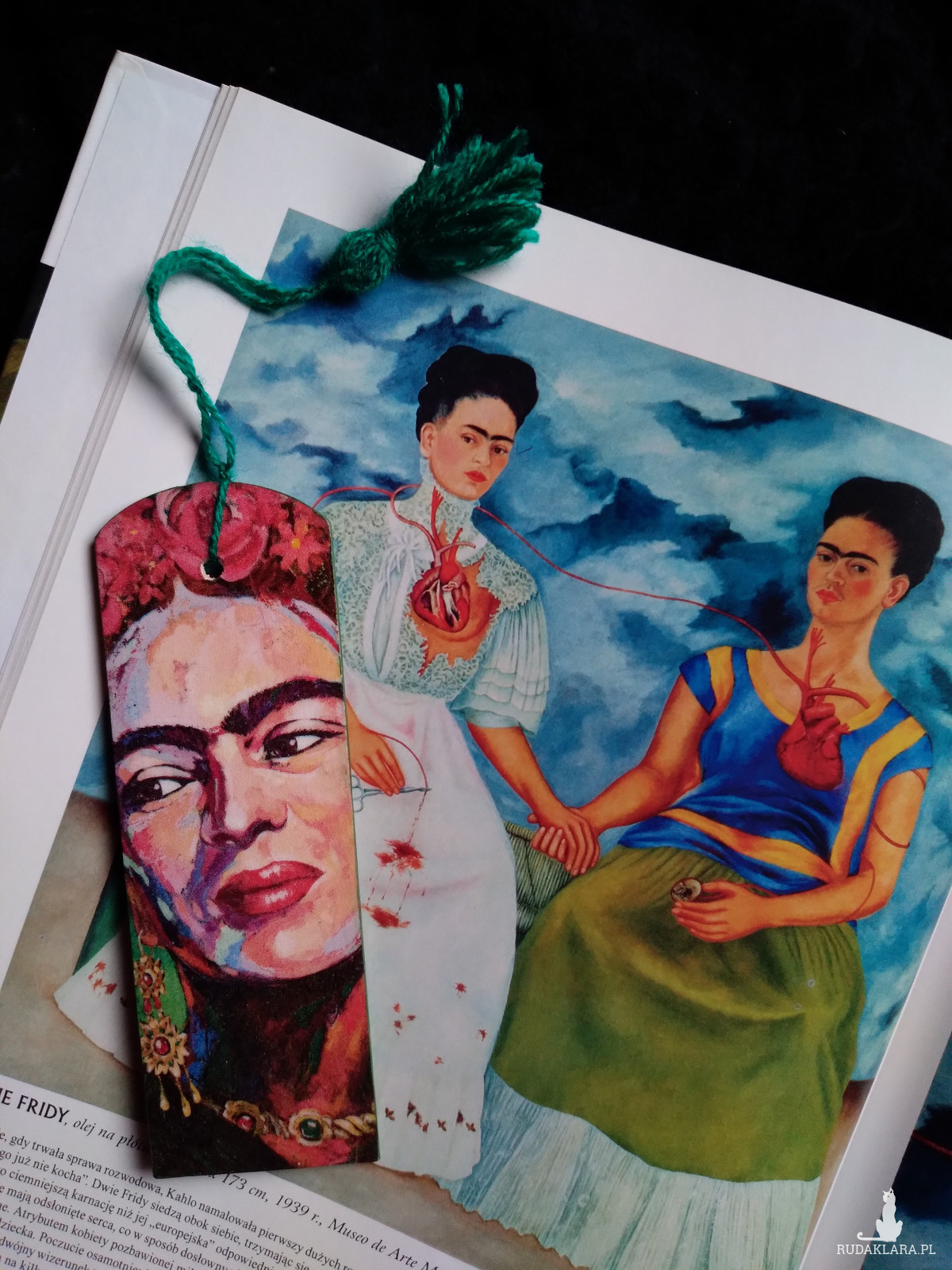 Drewniana zakładka do książki Frida Kahlo motyw kwiatowy kwiaty decoupage
