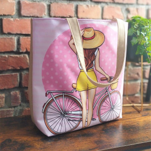 Duża torba typu shopper  na plażę letnia torba imitacja lnu dziewczyna z rowerem