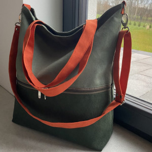 Duża torba z kieszenią na zamek - zielono-pomarańczowa