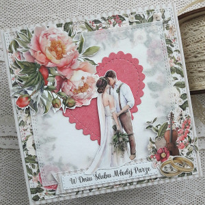 Kartka ślubna z piwoniami i kieszonką