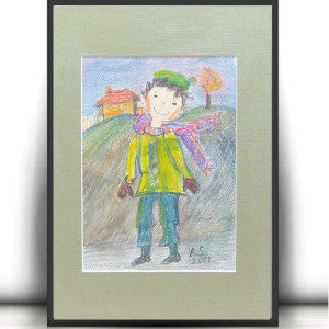 kolorowy obrazek dla chłopca, obraz z chłopcem, chłopczyk akwarela, malowny ręcznie obraz z chłopczykiem, chłopiec rysunek A4, obrazek z chłopakiem, chrzest prezent dla chłopca