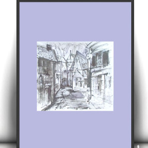 retro plakat 30x40, vintage plakat z domami, architektura plakat A3, domy obrazek 30x40, uliczka plakat A3, miasto plakat na ścianę, fioletowo szary obrazek do domu