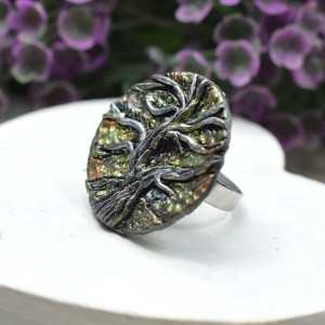 Jesienny, duży pierścionek z motywem drzewa - regulowany