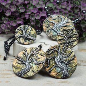 Jesienny, duży komplet biżuterii z motywem drzewa