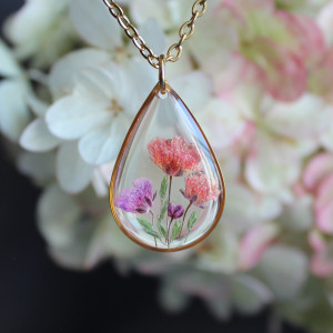 Złota łezka zawieszka złoty wisiorek kwiat naszyjnik żywica z żywicy suszone kwiaty z kwiatami naturalne żywe kwiaty