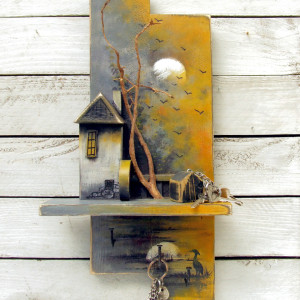 Drewniany wieszak z malowanym pejzażem - Zachód słońca nad rozlewiskiem