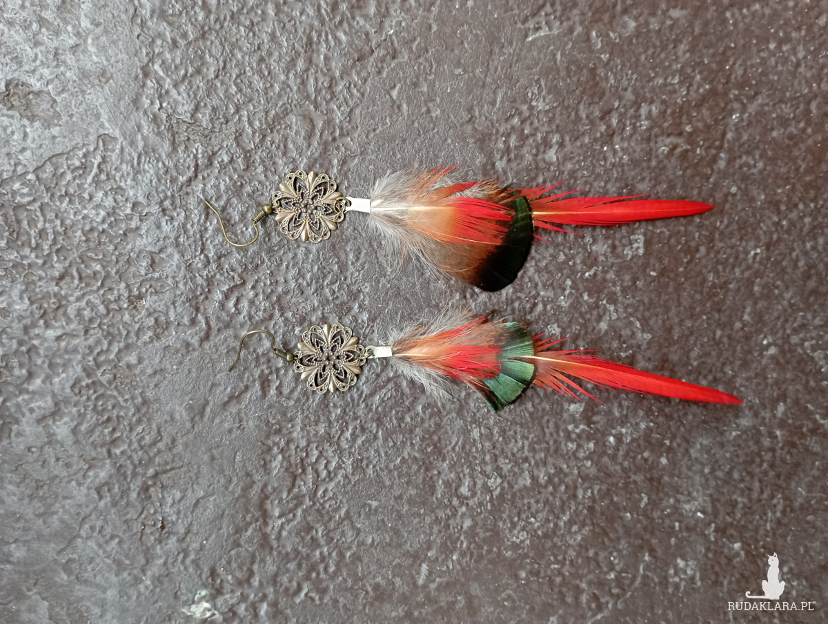 Kolczyki z piór bażanta czerwone boho hippie naturalne pióra