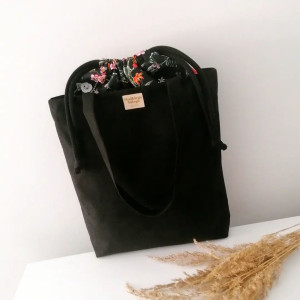 Torba H A N A Dark Blooming Garden - duża czarna torba z kominem z nubuku