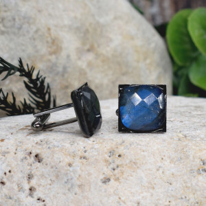 Stalowe czarne spinki do mankietów koszuli z fasetowanym labradorytem #184