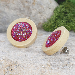 Drewniane kolczyki sztyfty z druzami boho #14