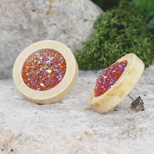 Drewniane kolczyki sztyfty z druzami boho #15