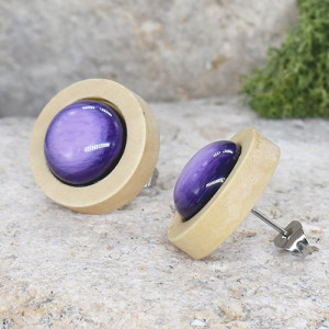 Drewniane kolczyki sztyfty z kolorowymi kaboszonami boho #48