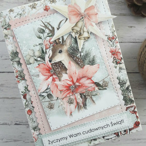 Kartka świąteczna w różu z jelonkiem
