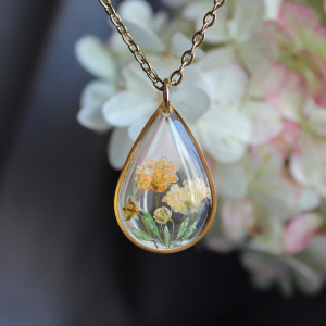 Złota łezka zawieszka złoty wisiorek kwiat naszyjnik żywica z żywicy suszone kwiaty z kwiatami naturalne żywe kwiaty