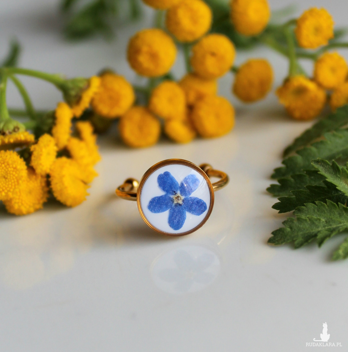 Złoty pierścionek regulowany kwiaty z kwiatami kwiatem niezapominajki niezapominajkami duży