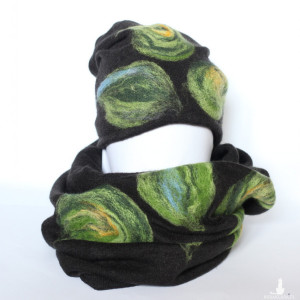 komplet wełniany czarny wełna merynosy kwiaty