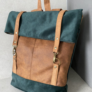 Plecak włóczykija - butelkowa zieleń, koniak, cynamon