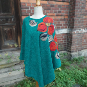 poncho z dzianiny wełnianej turkus