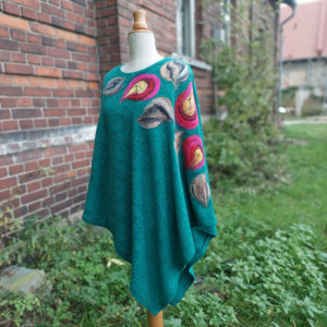 poncho z dzianiny wełnianej turkus