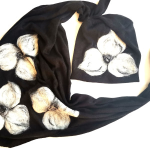 komplet wełniany czarny wełna merynosy kwiaty