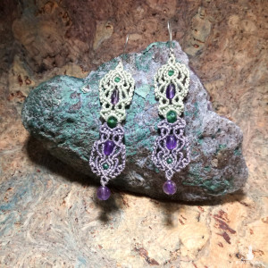 Lawenda lekkie kolczyki makramowe Agat Ametyst Szmaragd srebro 925 Delfina Dolls