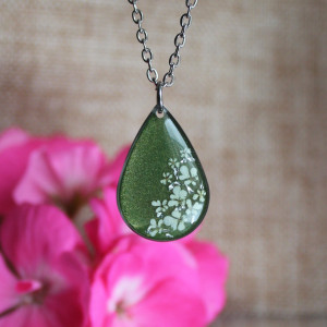 Srebrna łezka zawieszka srebrny wisiorek kwiat naszyjnik żywica z żywicy suszone kwiaty z kwiatami naturalne kobieca dziewczęca zielona brokatowa