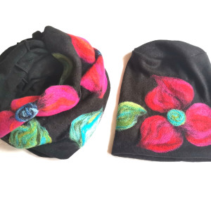 komplet wełniany czarny wełna merynosy kwiaty