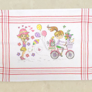 nowa serwetka we wzory, bawełniana serwetka z dziewczynkami, dziewczynki serwetka z bawełny, rower serwetka, makatka z dziewczynką, serwetka z dziewczynką