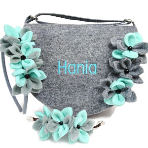 Malutka torebka z imieniem, opaska z miętowymi kwiatuszkami