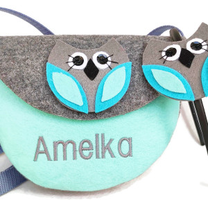 Malutka torebka z imieniem, opaska z sową