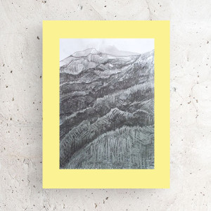 nowoczesny rysunek 30x40, górski pejzaż malowany ręcznie, żółto szary obraz A3, góry obrazek do domu, minimalizm grafika na ścianę, rysunek skandynawski styl, rysunek z widokiem gór