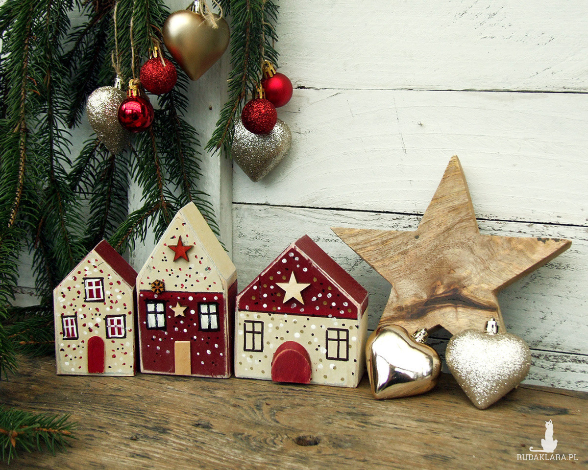 3 drewniane domki, ręcznie malowane - do świątecznych aranżacji