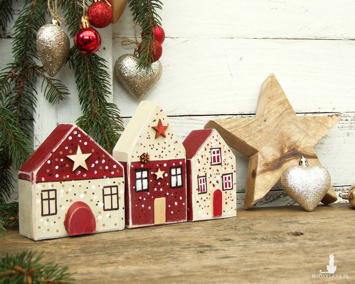 3 drewniane domki, ręcznie malowane - do świątecznych aranżacji