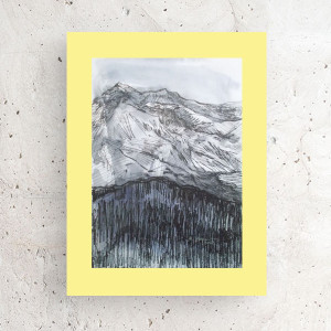 góry obraz A3, nowoczesny rysunek 30x40, żółto czarny obraz malowany ręcznie, rysunek z górami, góry grafika do domu, skandynawski obraz, minimalizm rysunek, zółto szary rysunek do salonu