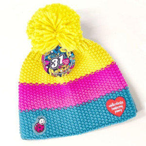 nowa czapka wośp 31, ciepła czapka z pomponem, kolorowa czapka z wełną, zimowa czapka wośp, pompon czapeczka wośp, damska czapka na zimę