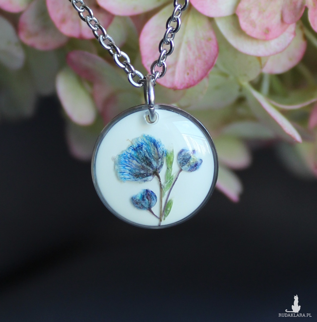 Srebrna zawieszka srebrny wisiorek kwiat naszyjnik żywica z żywicy kwiaty niebieskie gipsówka