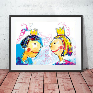 Królewicz  i królewna plakat dla dziewczynki, bajkowy plakat dla dzieci, kolorowy obrazek do dziecięcego pokoju, grafika do pokoju dziecka