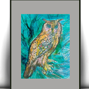 sowa obrazek 21x30, sowa plakat A4, vintage plakat z sową, retro plakat z  puchaczem, obrazek z puchaczem, obrazek z sową