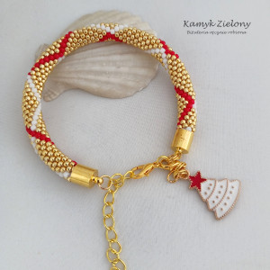 Bransoletka złota w czerwono-białą kratkę, z choineczką