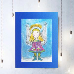aniołek obrazek A4, akwarela z aniołkiem, aniołek rysunek 21x30, ręcznie malowany obraz z aniołkiem, anioł dekoracja na ścianę