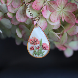 Złota łezka zawieszka złoty wisiorek kwiat naszyjnik żywica z żywicy suszone kwiaty z kwiatami naturalne kobieca dziewczęca pomarańczowe